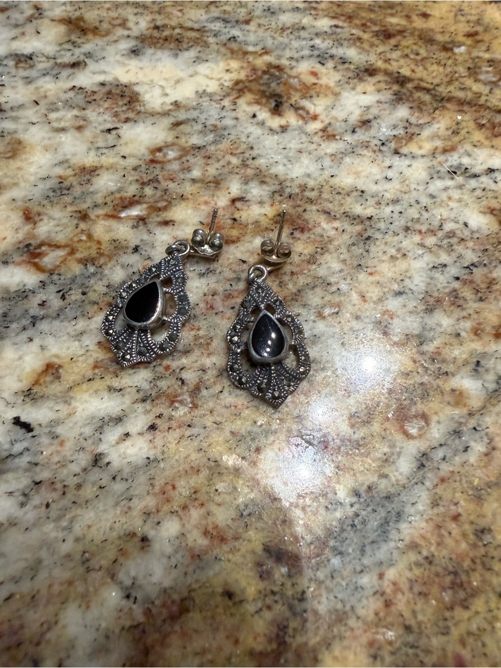 Sterling Silver 925 Vintage-Inspired Black Teardrop Filigree Drop Earrings